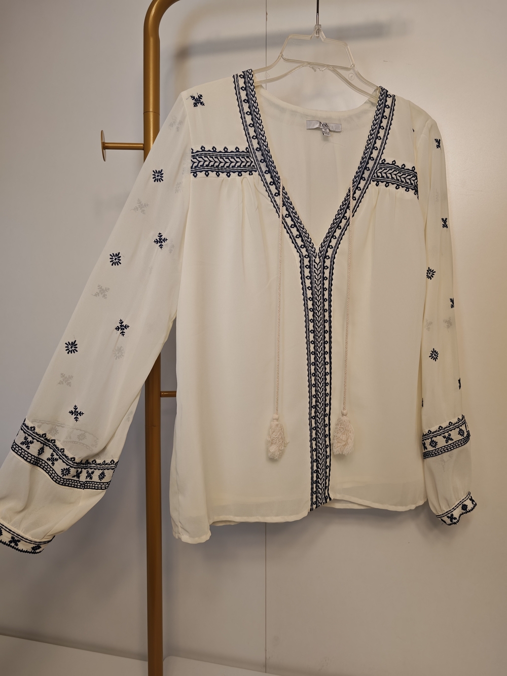 Anthropology Ivory Boho Tunic Blouse with Navy Embroidery Accents Size Medium